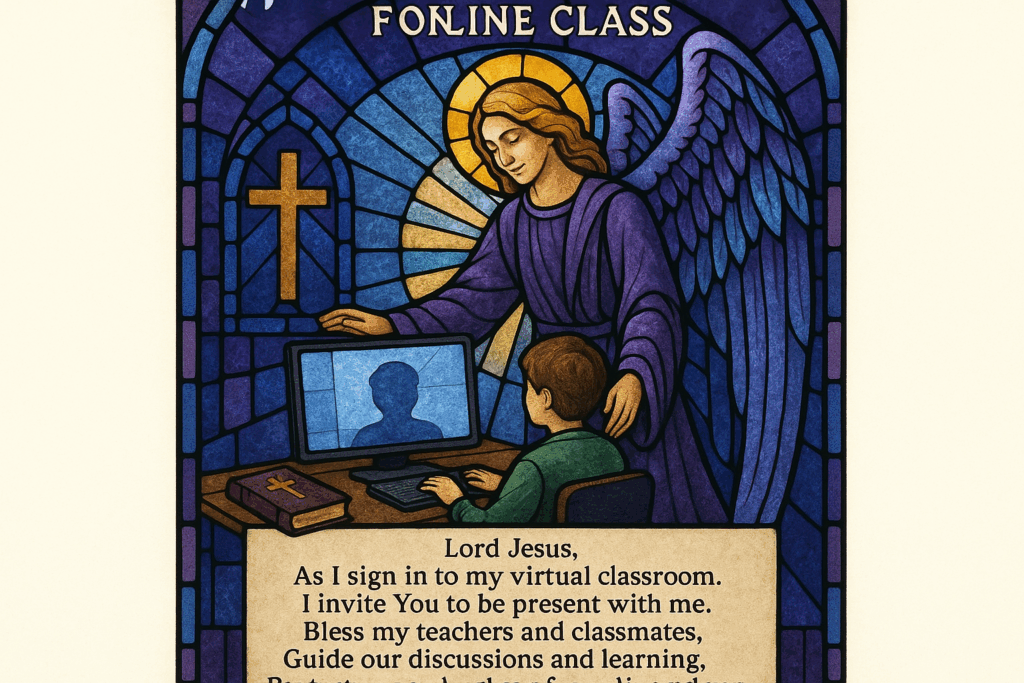 Catholic stained glass style opening prayer card for online class showing student with guardian angel, purple and blue colors, cross imagery, and prayer text for blessing virtual learning