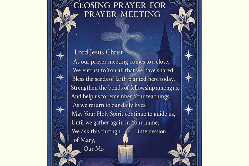 Catholic closing prayer for prayer meeting card with evening blues and purples, featuring an extinguishing candle with cross-shaped smoke, church stained glass background, Marian border with lilies and stars, and prayer text entrusting intentions to Jesus