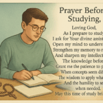 Catholic prayer card titled "Prayer Before Studying" featuring student at desk with books and laptop, St. Thomas Aquinas statue and rosary. The prayer asks for understanding, memory strength, and perseverance, using calming green and blue tones with educational border elements.