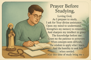 Catholic prayer card titled "Prayer Before Studying" featuring student at desk with books and laptop, St. Thomas Aquinas statue and rosary. The prayer asks for understanding, memory strength, and perseverance, using calming green and blue tones with educational border elements.