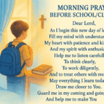 Catholic prayer card titled "Prayer Before Studying" featuring student at desk with books and laptop, St. Thomas Aquinas statue and rosary. The prayer asks for understanding, memory strength, and perseverance, using calming green and blue tones with educational border elements.