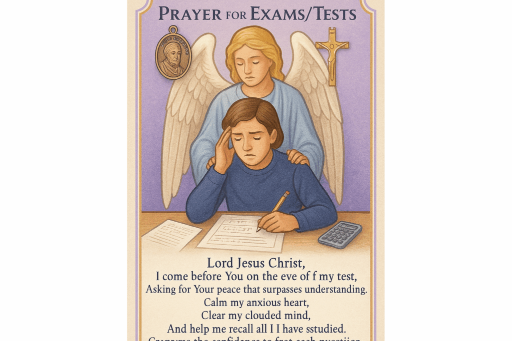 Catholic prayer card titled "Prayer for Exams and Tests" depicting student with guardian angel, test papers and calculator, plus St. Joseph of Cupertino medal. The prayer asks for peace, clear mind, and recall ability, using calming lavender and blue colors with test-related border symbols.