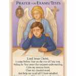 Catholic prayer card titled "Prayer for Exams and Tests" depicting student with guardian angel, test papers and calculator, plus St. Joseph of Cupertino medal. The prayer asks for peace, clear mind, and recall ability, using calming lavender and blue colors with test-related border symbols.