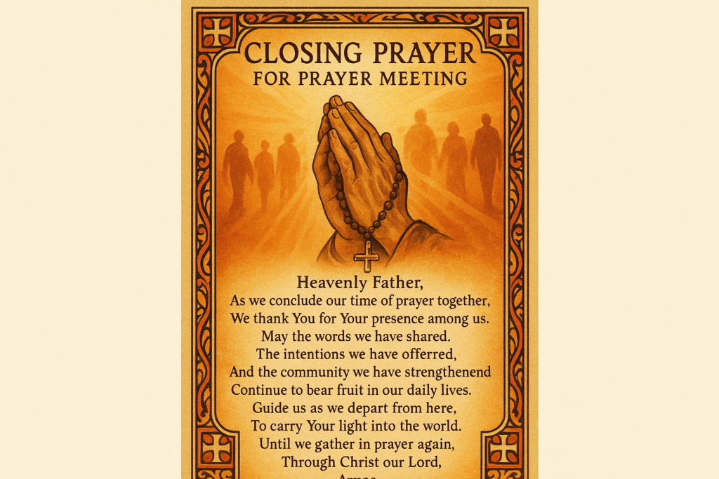Catholic closing prayer for prayer meeting card featuring warm sunset colors, praying hands with rosary, and people connected by light rays, with traditional cross border and elegant text thanking God for presence during the gathering