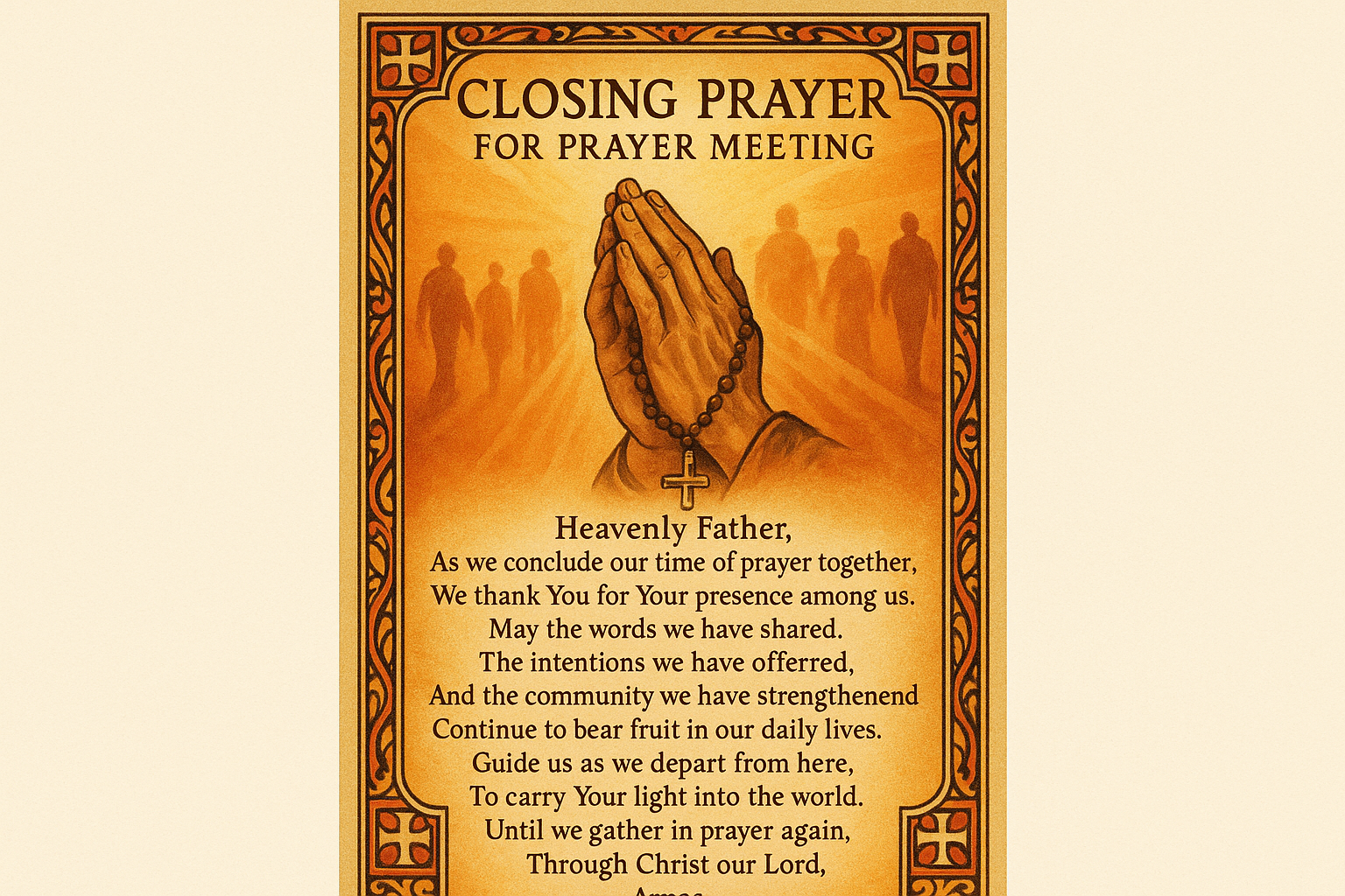 Catholic closing prayer for prayer meeting card featuring warm sunset colors, praying hands with rosary, and people connected by light rays, with traditional cross border and elegant text thanking God for presence during the gathering