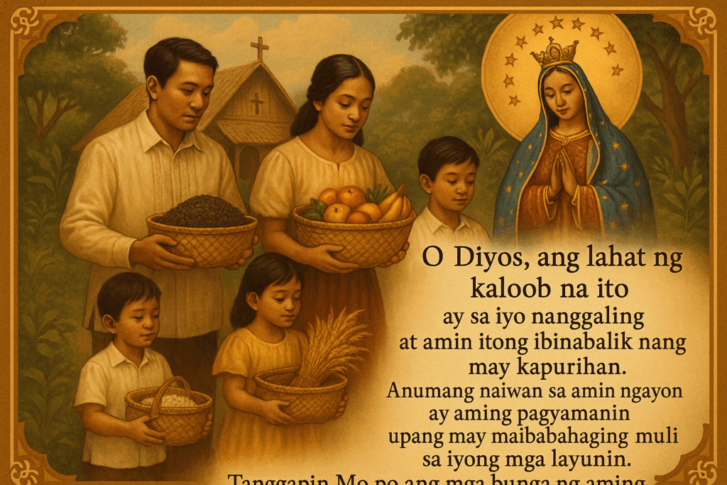 Filipino Catholic offertory prayer card titled "Panalangin sa Paghahandog" depicting a family bringing harvest gifts in bayong baskets with bahay kubo church and Marian imagery in warm gold and brown colors, featuring a Tagalog prayer about returning God's gifts with honor