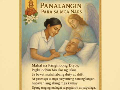 Catholic prayer card in Tagalog titled "Panalangin Para sa mga Nars" showing Filipino nurse in uniform caring for patient with guardian angel, Santo Niño figure, and sampaguita flowers. Features Tagalog prayer text about strength during long shifts and caduceus symbols in corners with blue and purple tones.