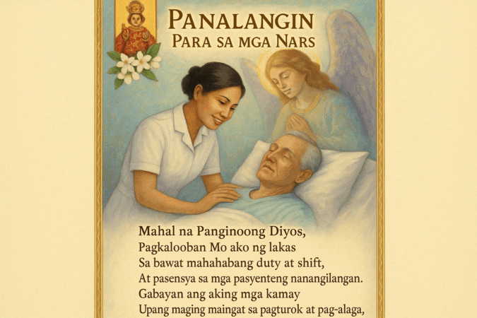 Catholic prayer card in Tagalog titled "Panalangin Para sa mga Nars" showing Filipino nurse in uniform caring for patient with guardian angel, Santo Niño figure, and sampaguita flowers. Features Tagalog prayer text about strength during long shifts and caduceus symbols in corners with blue and purple tones.