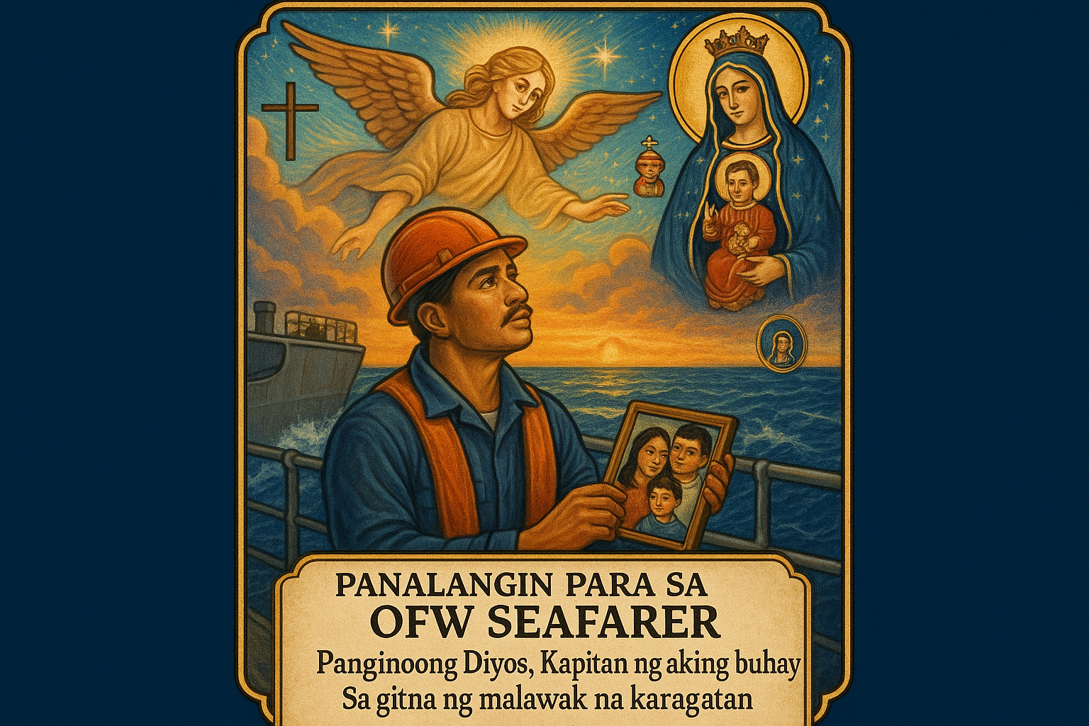 Tagalog prayer card for Filipino seafarers titled "Panalangin Para sa OFW Seafarer" depicting sailor on ship with family photo, maritime religious imagery including Stella Maris, and nautical border elements. Prayer addresses sea dangers, long voyages and family separation using deep ocean blues and sunset colors.