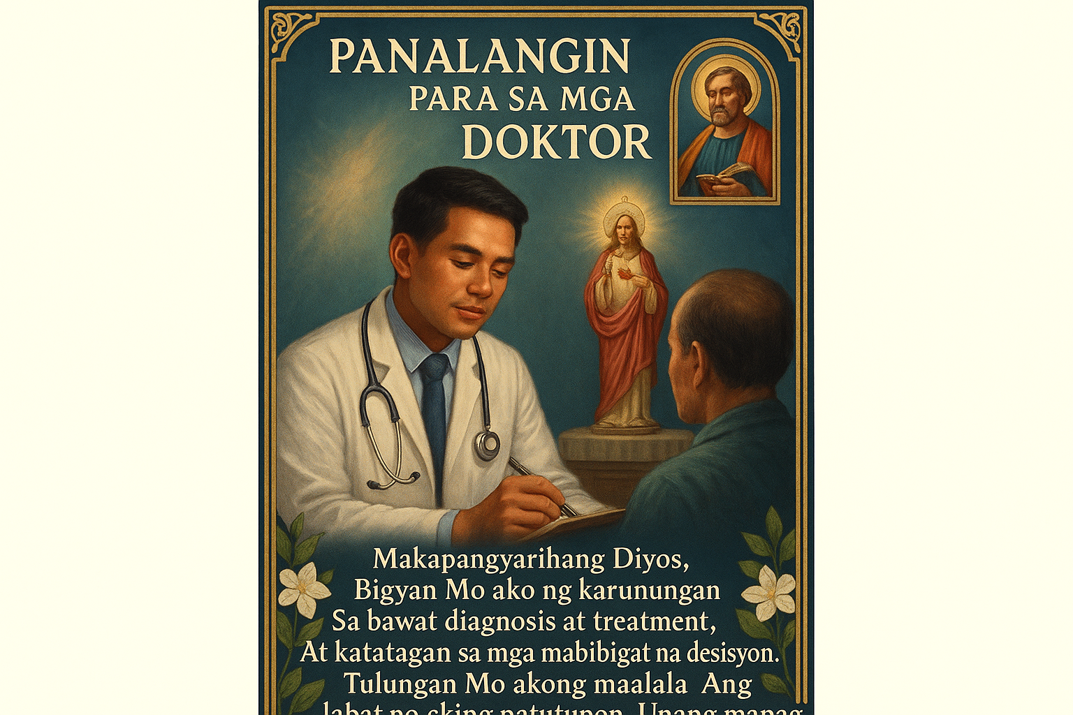 Filipino Catholic prayer card titled "Panalangin Para sa mga Doktor" depicting doctor in white coat with stethoscope attending patient, Sacred Heart of Jesus imagery, and St. Luke patron saint. Contains Tagalog prayer about wisdom in diagnosis with medical symbols in border using professional blue and gold colors.