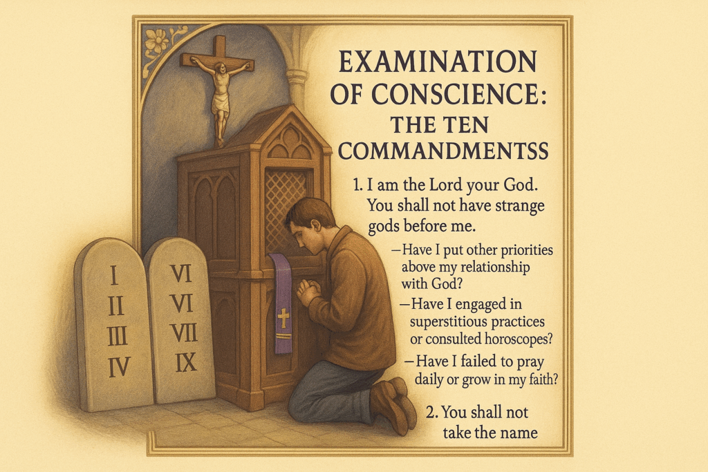 Catholic Examination of Conscience prayer card featuring the Ten Commandments with a penitent before a confessional, tablets of commandments, and purple stole imagery. Uses deep purples and gold with reflection questions for confession preparation, in a dignified traditional Catholic design.