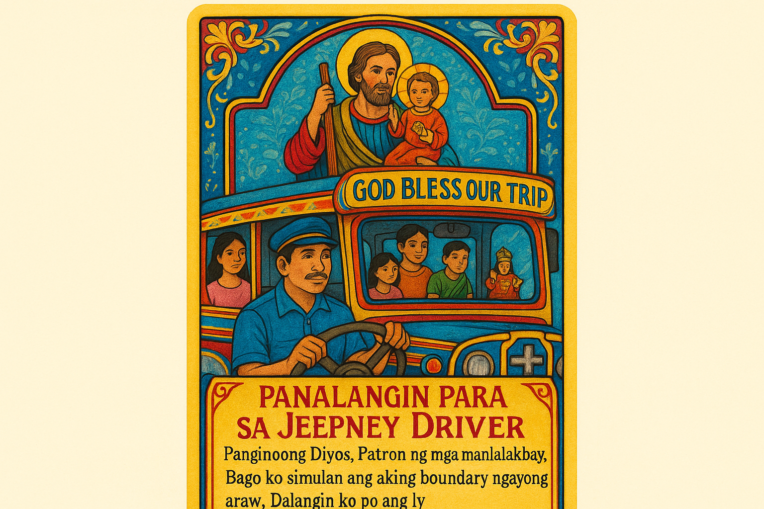 Modern Filipino Catholic prayer card titled "Panalangin Para sa Delivery Rider" showing food delivery motorcyclist with smartphone and delivery box, Saint Christopher imagery, and Santo Niño figure. Uses delivery service reds and oranges with Tagalog prayer addressing navigation, weather challenges and customer interactions.