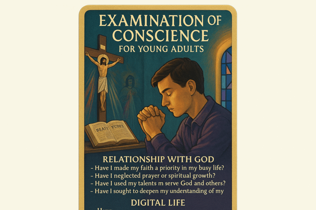 Catholic Examination of Conscience prayer card designed for young adults showing a college student in prayer within a modern chapel setting. Features contemporary Catholic imagery with teal and purple tones, addressing relevant topics like digital life, relationships, and life choices in a modern yet reverent design.