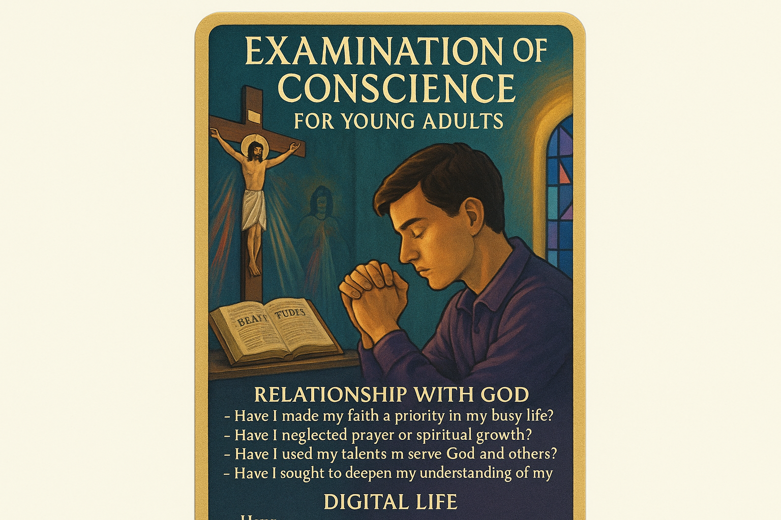 Catholic Examination of Conscience prayer card designed for young adults showing a college student in prayer within a modern chapel setting. Features contemporary Catholic imagery with teal and purple tones, addressing relevant topics like digital life, relationships, and life choices in a modern yet reverent design.