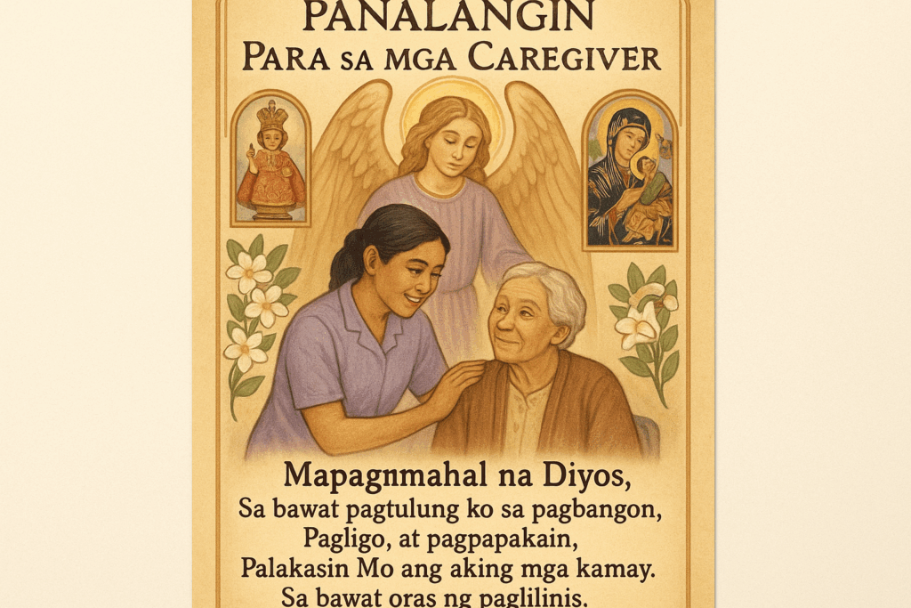 Tagalog prayer card for caregivers "Panalangin Para sa mga Caregiver" showing Filipino caregiver assisting elderly person with Our Lady of Perpetual Help, guardian angel, and sampaguita flowers. Features prayer about patience and strength during caregiving with soft lavender and yellow tones and helping hands symbols.