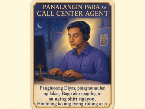 Filipino Catholic prayer card titled "Panalangin Para sa Call Center Agent" featuring BPO worker with headset at night shift computer station, with crucifix, prayer card and divine lighting. Uses blues and purples with Tagalog prayer addressing customer service challenges, night shift fatigue and work-life balance in call center terminology.