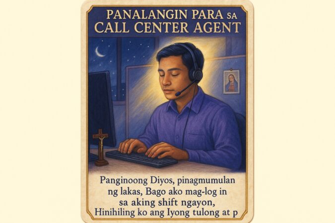 Filipino Catholic prayer card titled "Panalangin Para sa Call Center Agent" featuring BPO worker with headset at night shift computer station, with crucifix, prayer card and divine lighting. Uses blues and purples with Tagalog prayer addressing customer service challenges, night shift fatigue and work-life balance in call center terminology.