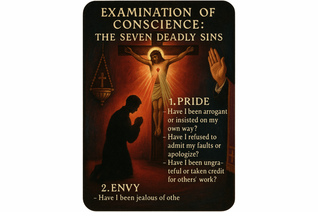 Catholic Examination of Conscience prayer card focused on the Seven Deadly Sins, showing a penitent before a crucifix with divine mercy rays, rosary and confession symbols. Uses deep reds and blues with reflection questions for pride, envy, wrath, and sloth, in a solemn traditional design with virtue symbols.