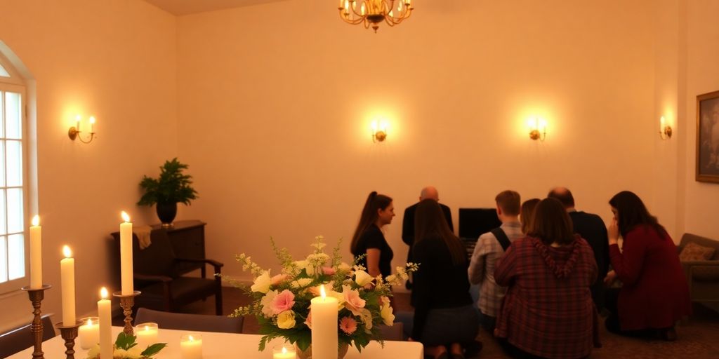 Group in prayer at a peaceful meeting setting.