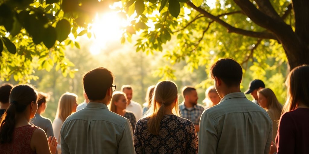 Group of people praying in a tranquil outdoor setting.